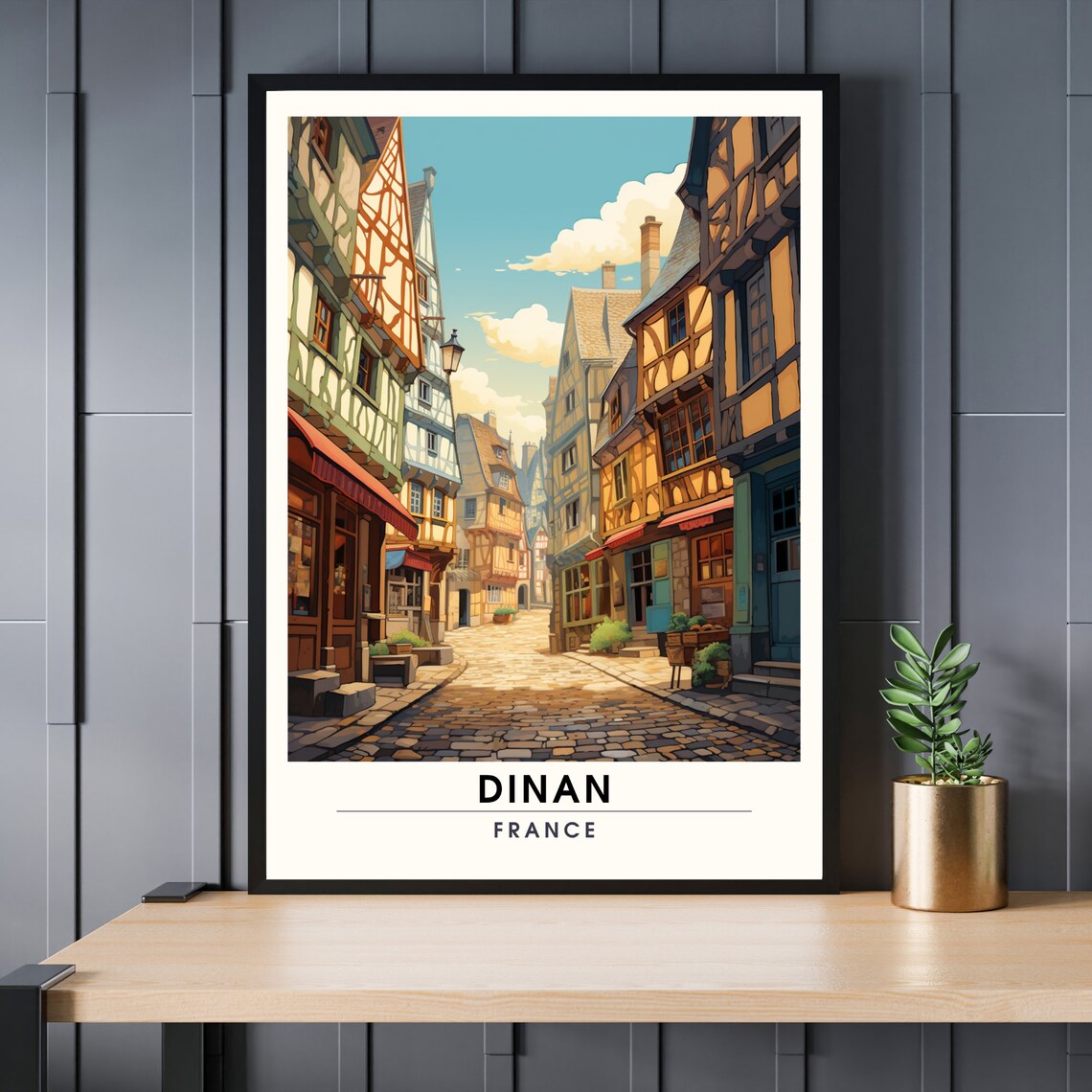 Dinan France Medieval Old Town Cobblestone Street Vintage Poster