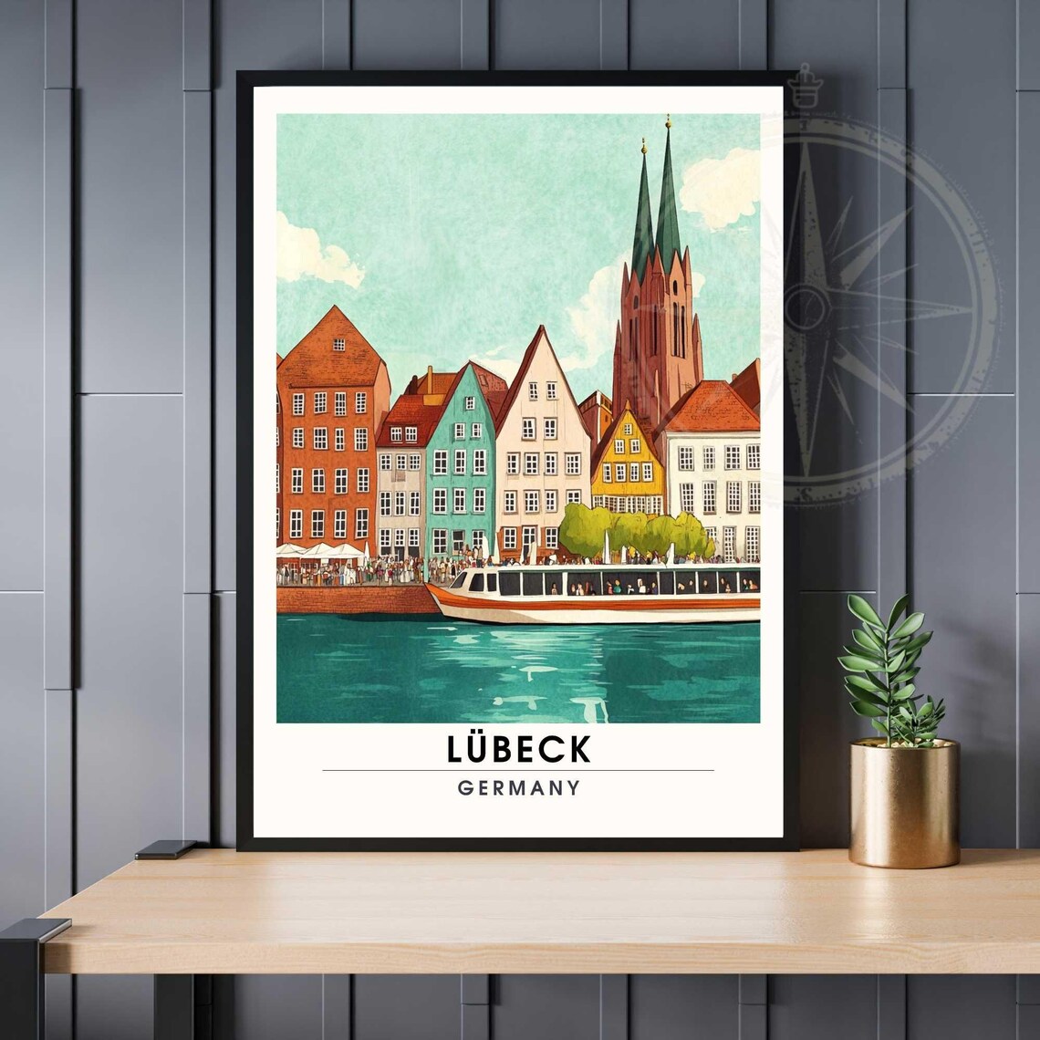 Lübeck Old Colorful Waterfront Tour Boat Germany Travel Poster