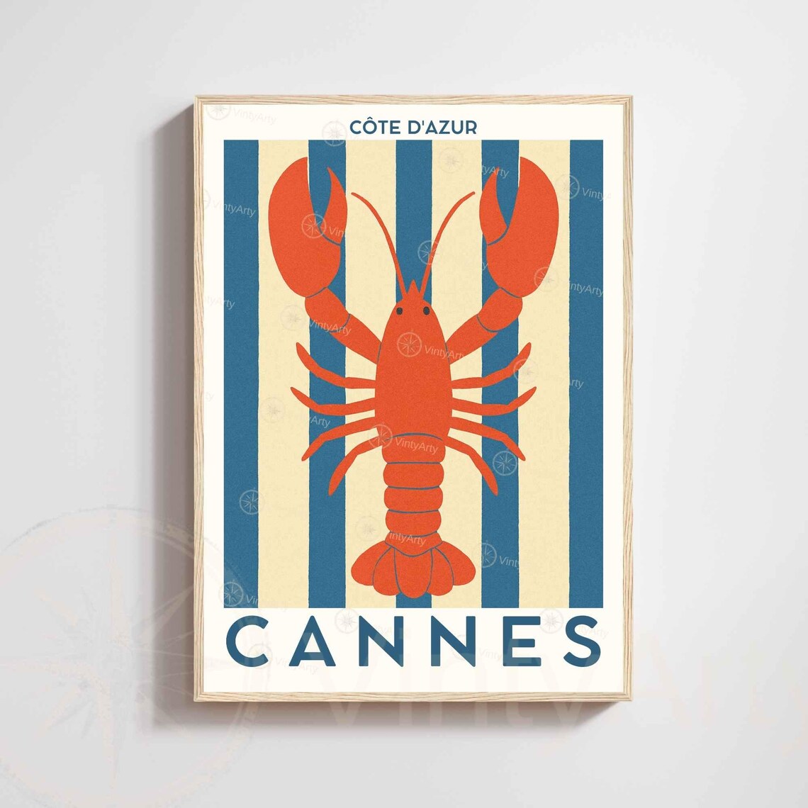 Cannes Lobster Travel Poster Cote dAzur French Riviera Coastal Kitchen Decor