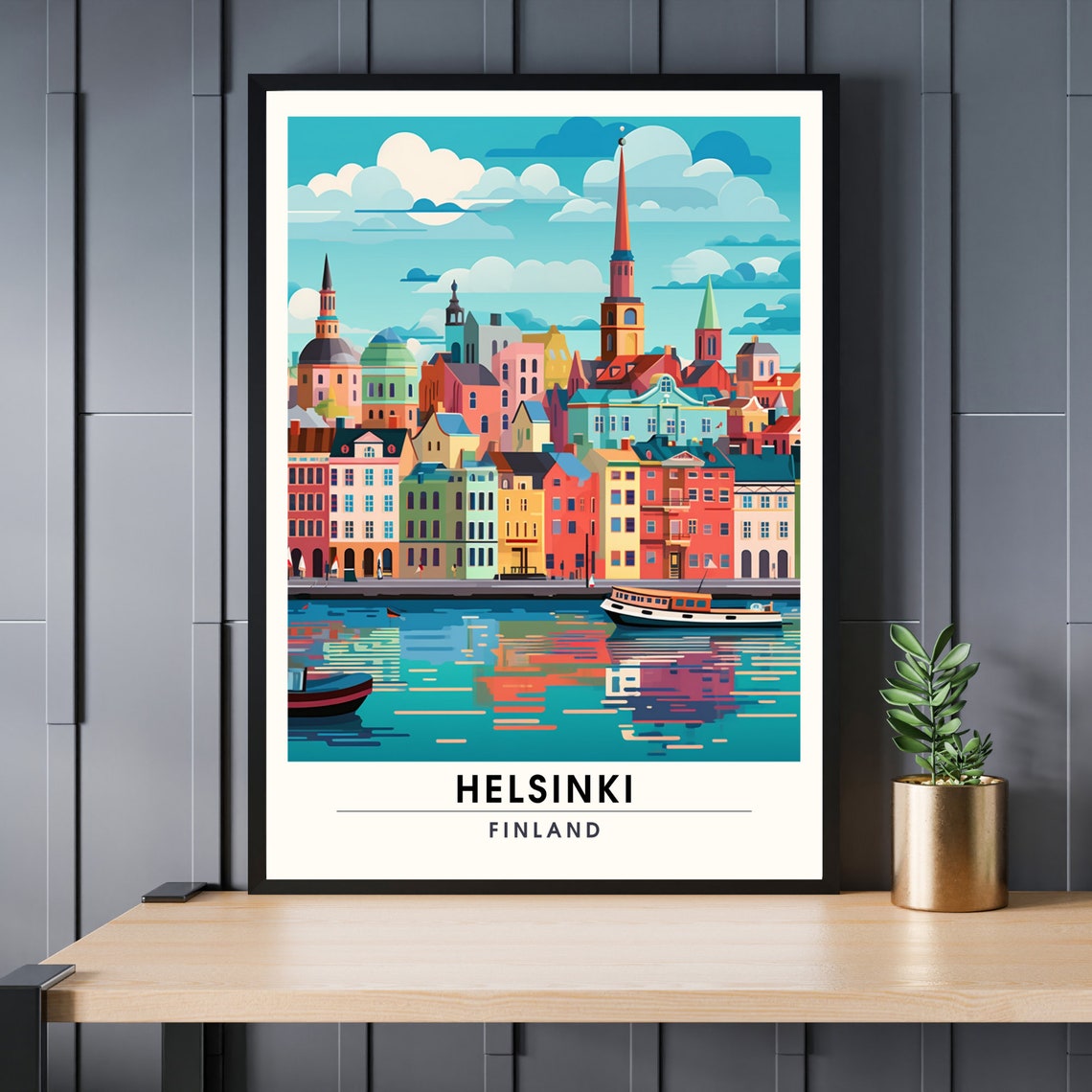 Helsinki Finland Colorful Harbor Skyline Waterfront Travel Poster