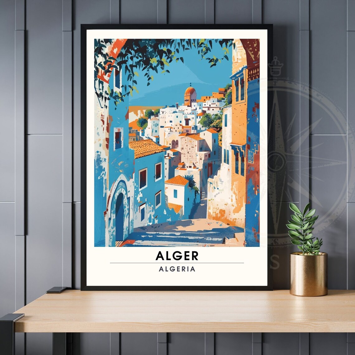 Alger Algeria Casbah Old Town Vintage Blue Alleyway Travel Poster