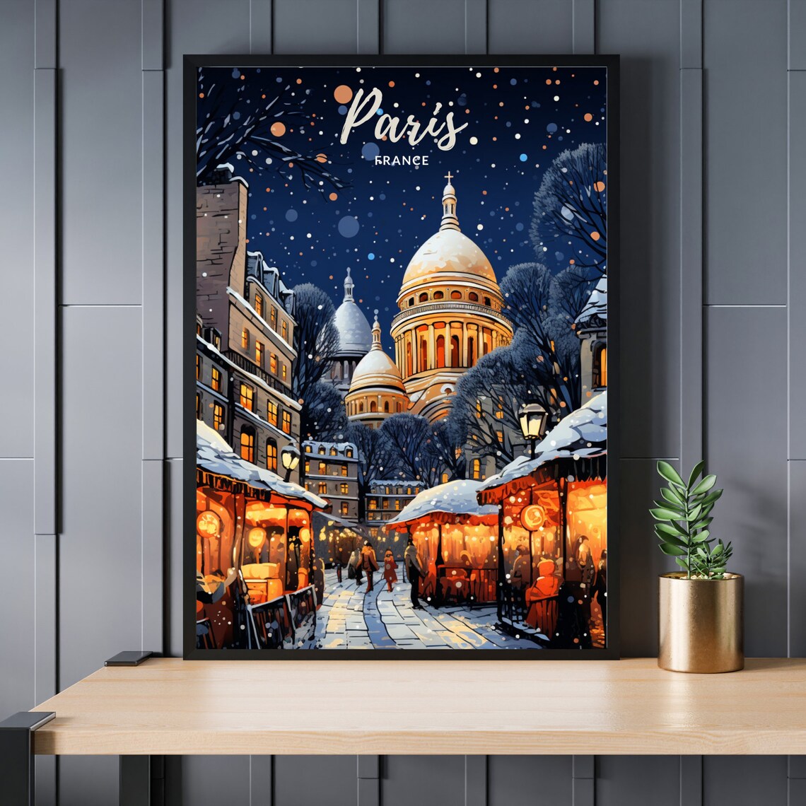 Paris France Montmartre Christmas Market Snowy Night Village Poster