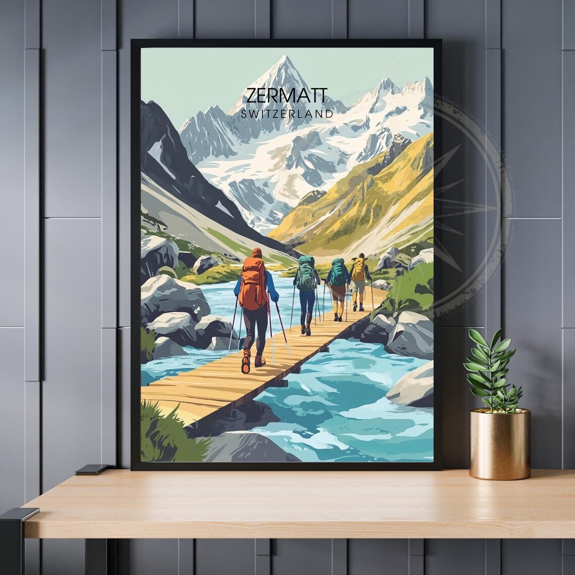 Zermatt Switzerland Alpine Hikers Wooden Bridge Travel Art Poster