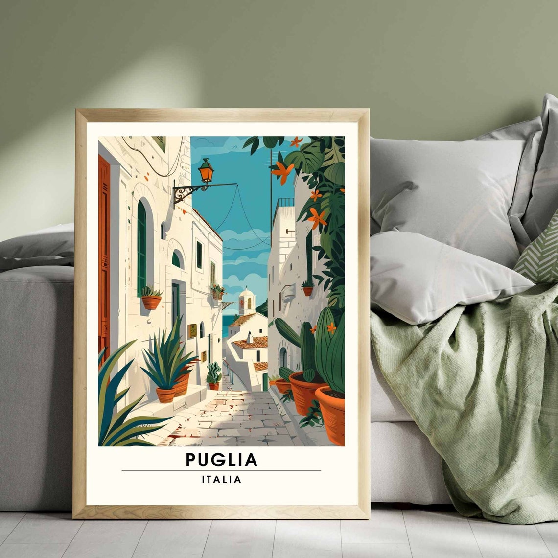 Puglia Italia Poster Italian Whitewashed Alley Lantern Flower Art