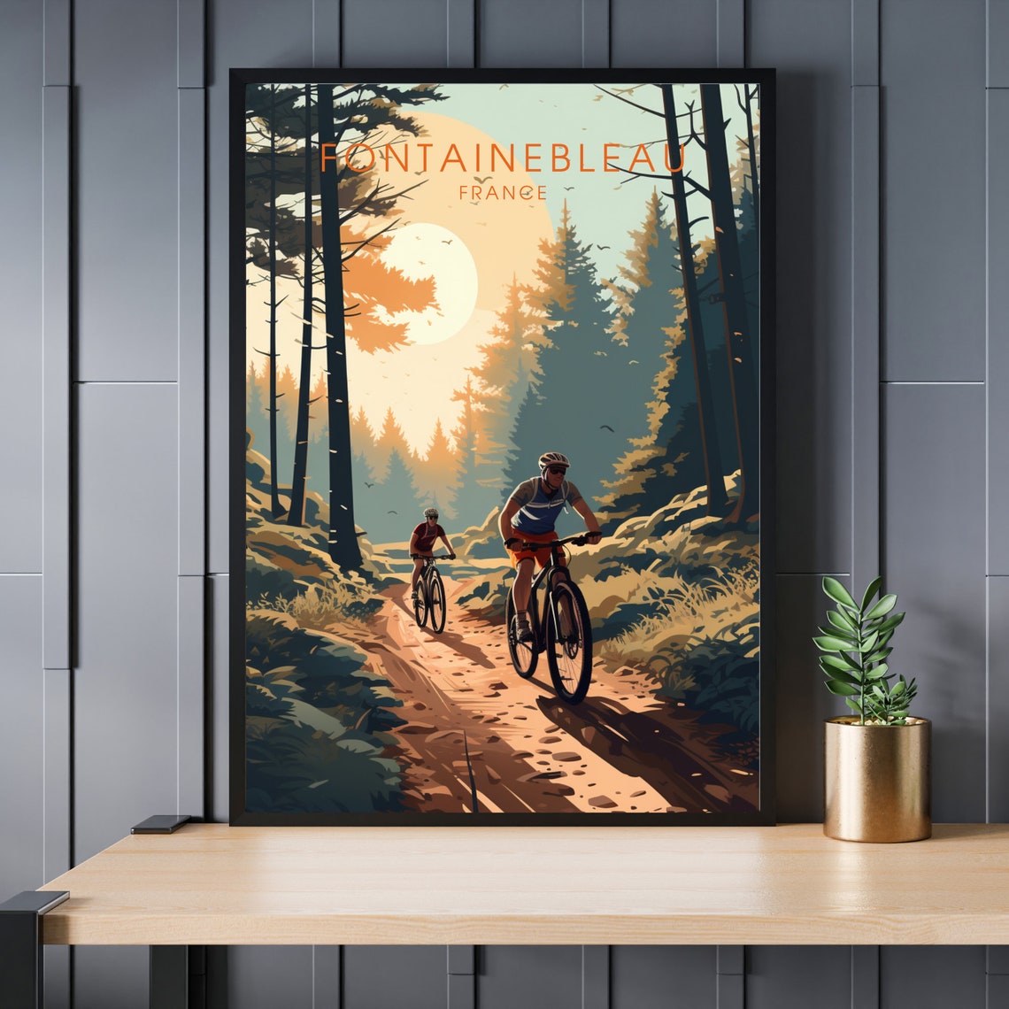 Fontainebleau France Retro Travel Poster With Cyclists In Pine Forest