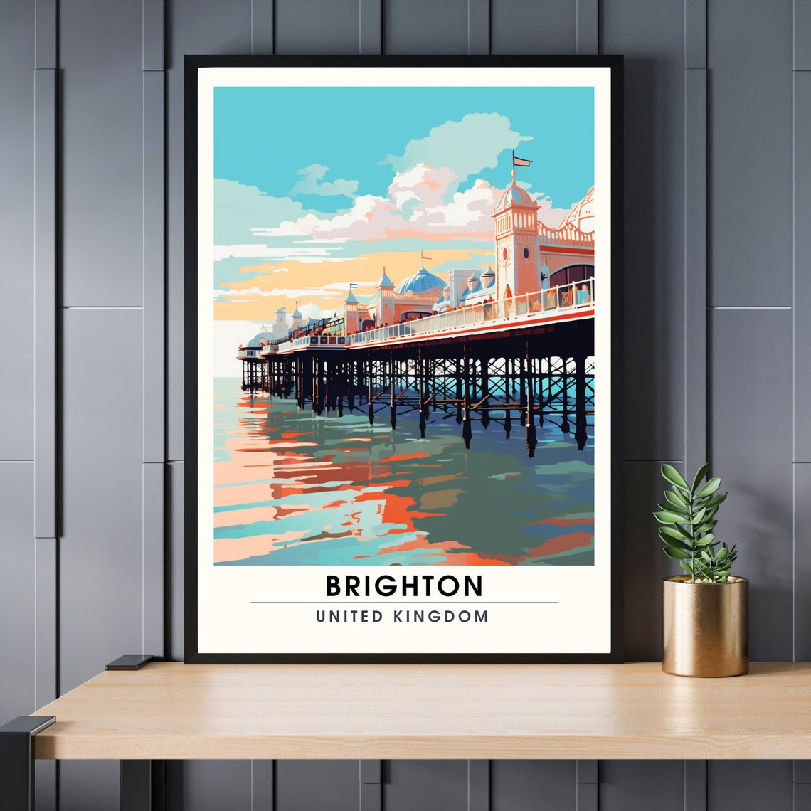 Brighton England Iconic Palace Pier Seaside Sunset Travel Poster