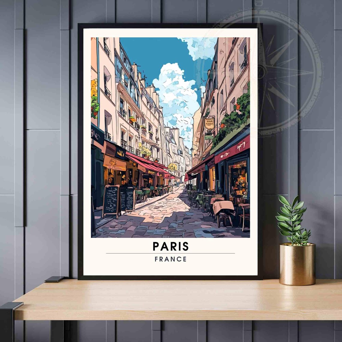 Paris France Rue Mouffetard Sunny Cobblestone Cafe Street Poster