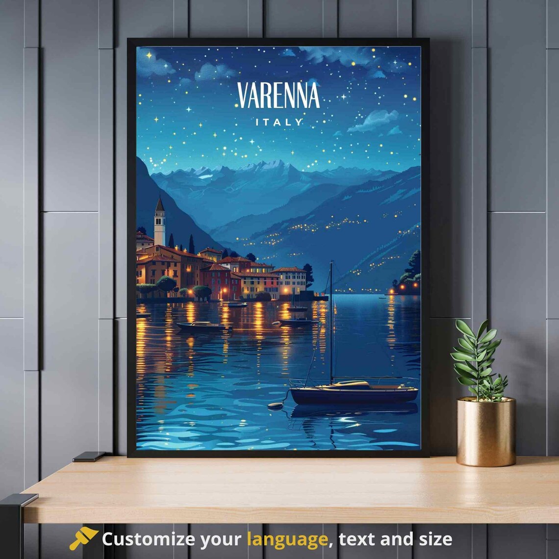 Varenna Italy Lake Como Night Lights Starry Lake Travel Poster