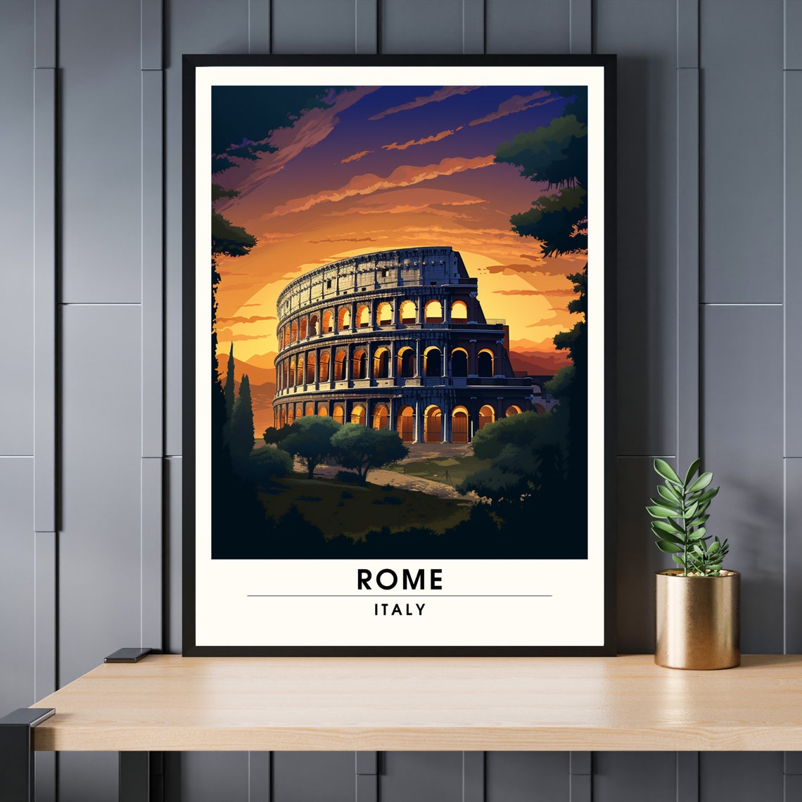 Rome Italy Poster Colosseum Sunset Dramatic Sky Ancient Landmark Art