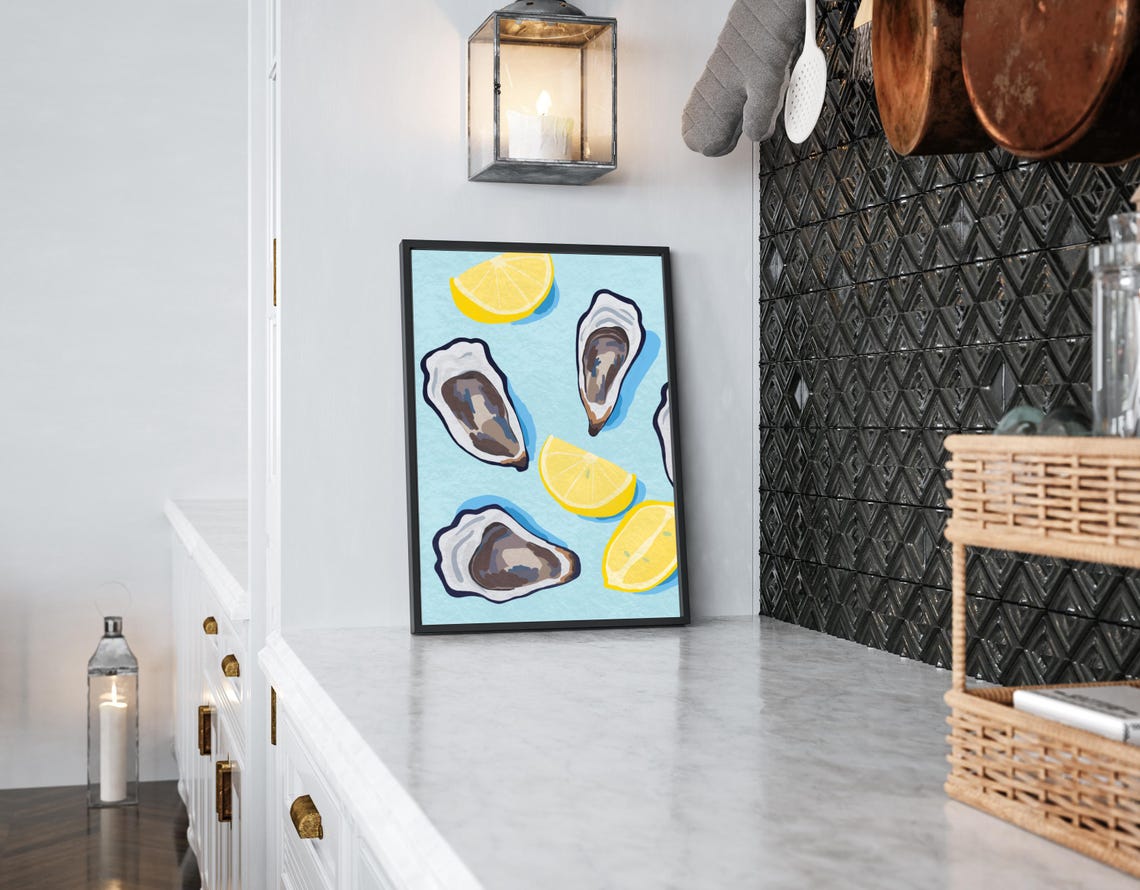 Oysters And Lemons Coastal Wall Art Blue Summer Seafood Kitchen Print - Image 6