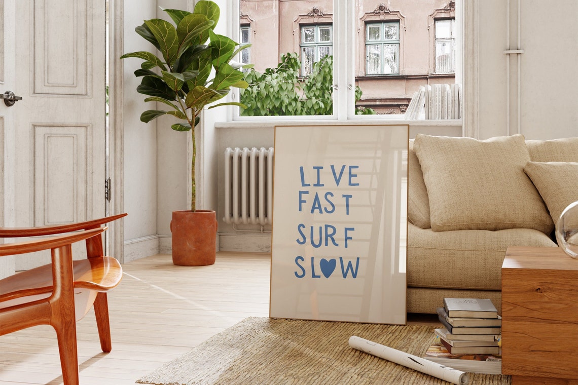 Live Fast Surf Slow Blue Typography Beach Coastal Quote Poster - Image 2