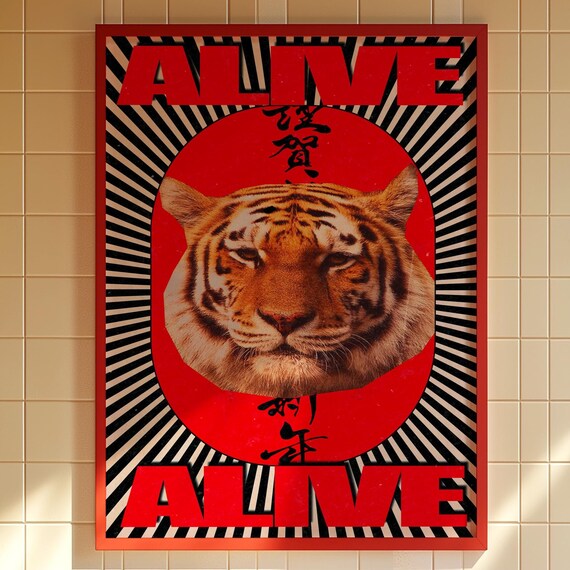 Tiger Poster 70s Affirmation Art Red Wall Trendy Prints Vintage Psychedelic Retro