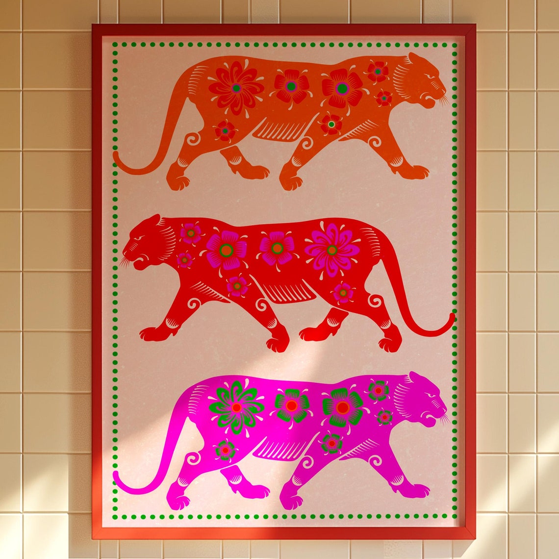 Folk Art Tigers Colorful Psychedelic Maximalist Retro Wall Poster