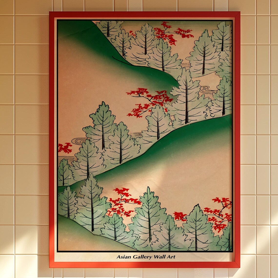 Vintage Japanese Woodblock Pine Forest Red Maple Hillside Art Print