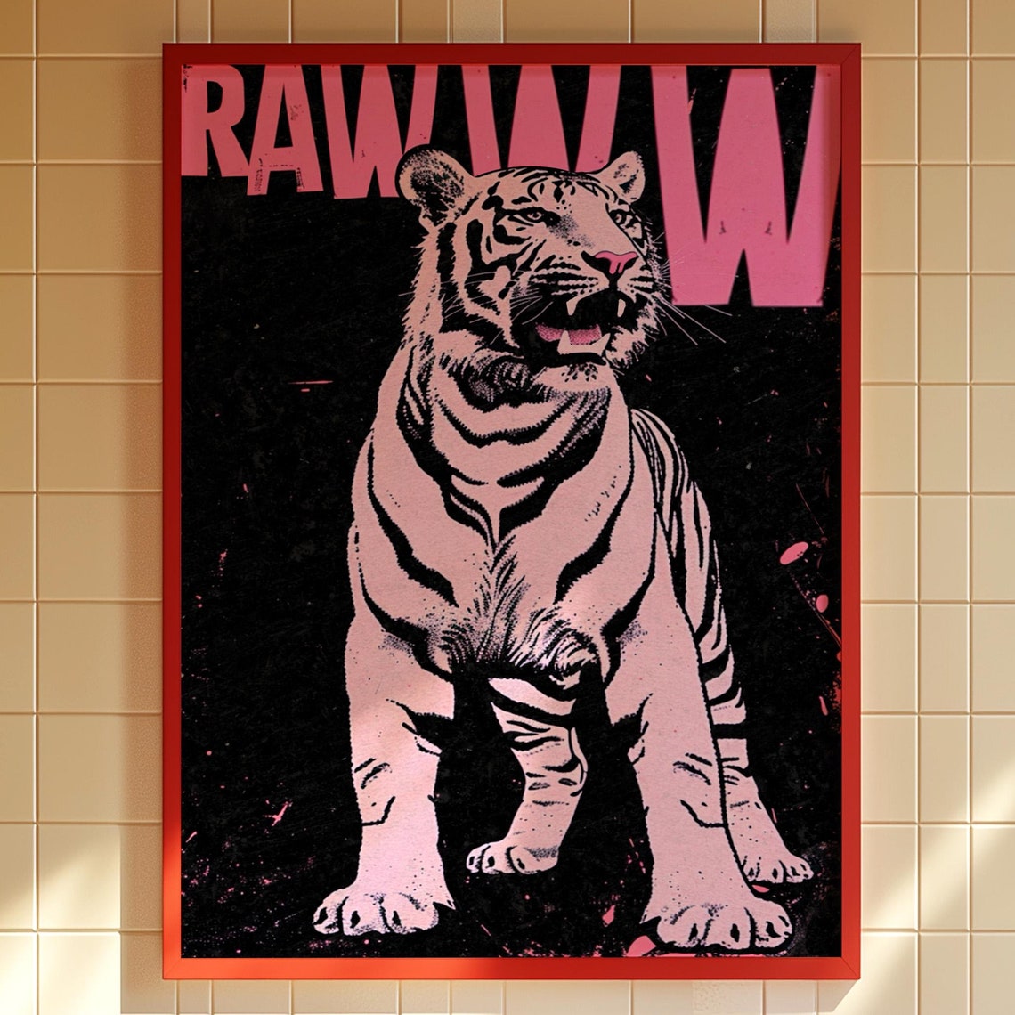 Pink Rawww Tiger Maximalist Kitsch Poster With Big Roaring Cat