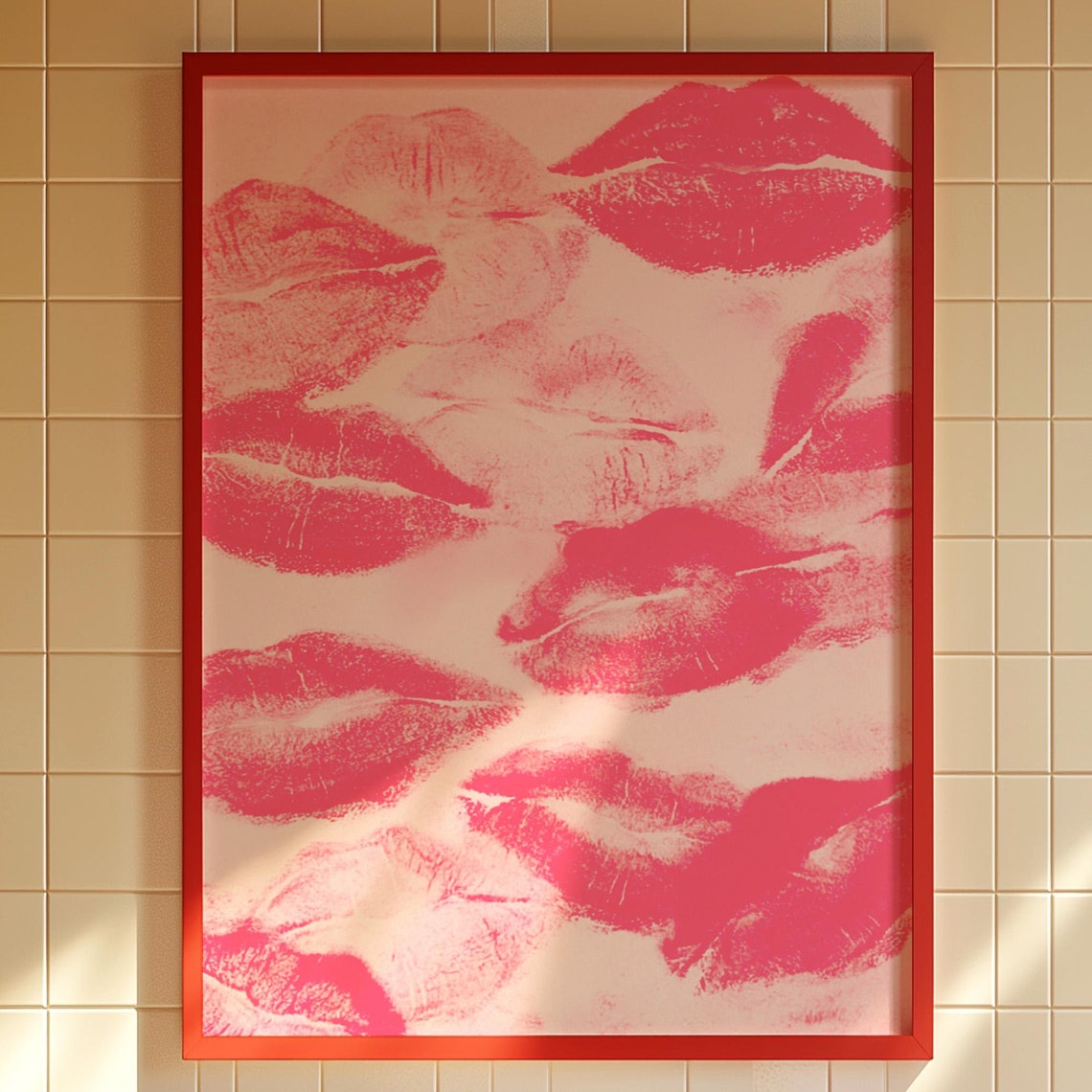 Pink Lipstick Kiss Marks Pattern Retro Bedroom Vanity Decor Poster
