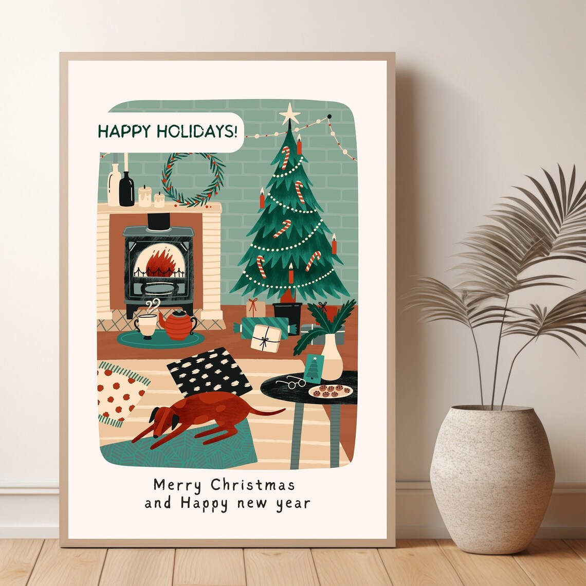 Happy Holidays Cozy Living Room Christmas Dog Retro Illustration Wall Art - Image 3