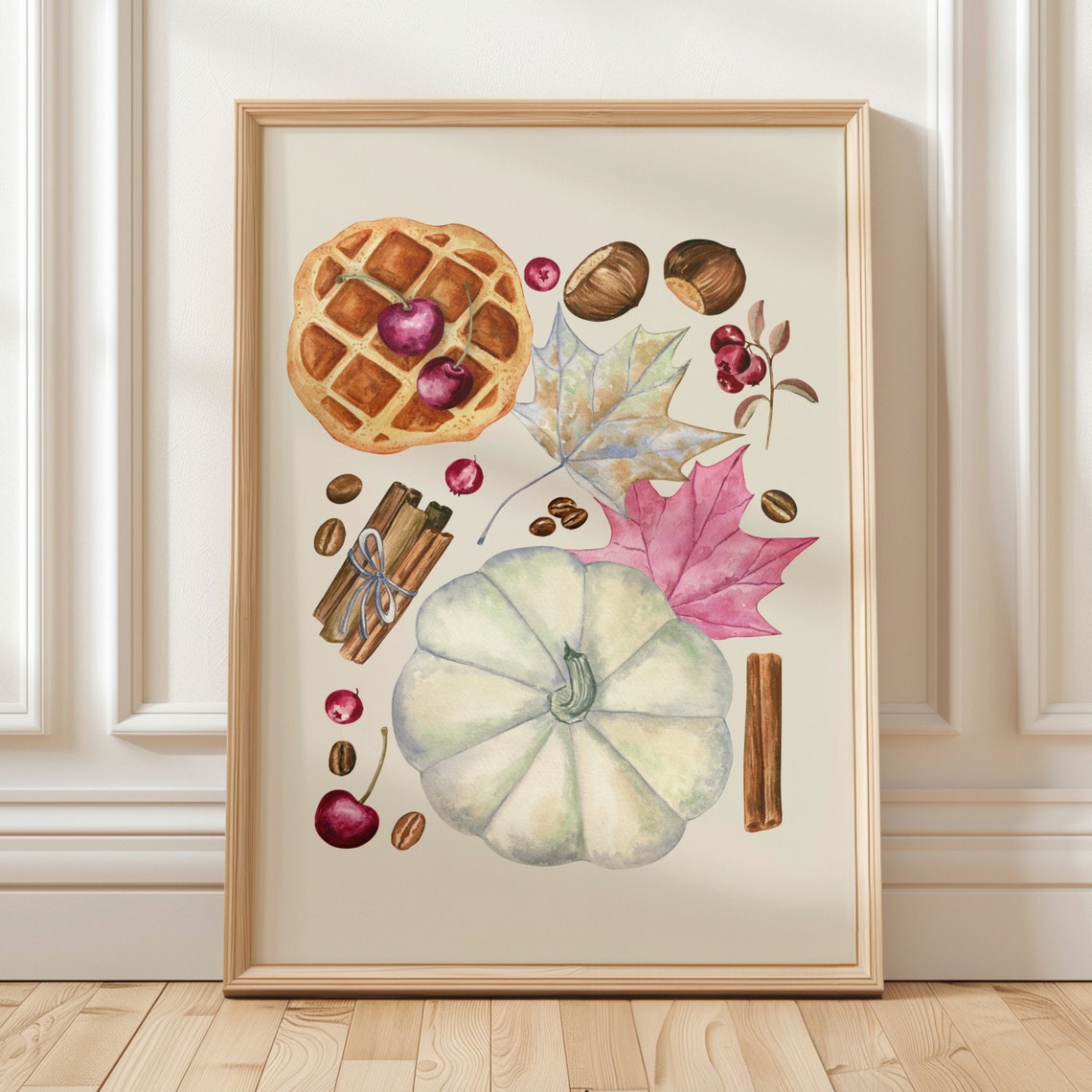 Cozy Fall Watercolor White Pumpkin Waffle Harvest Kitchen Print