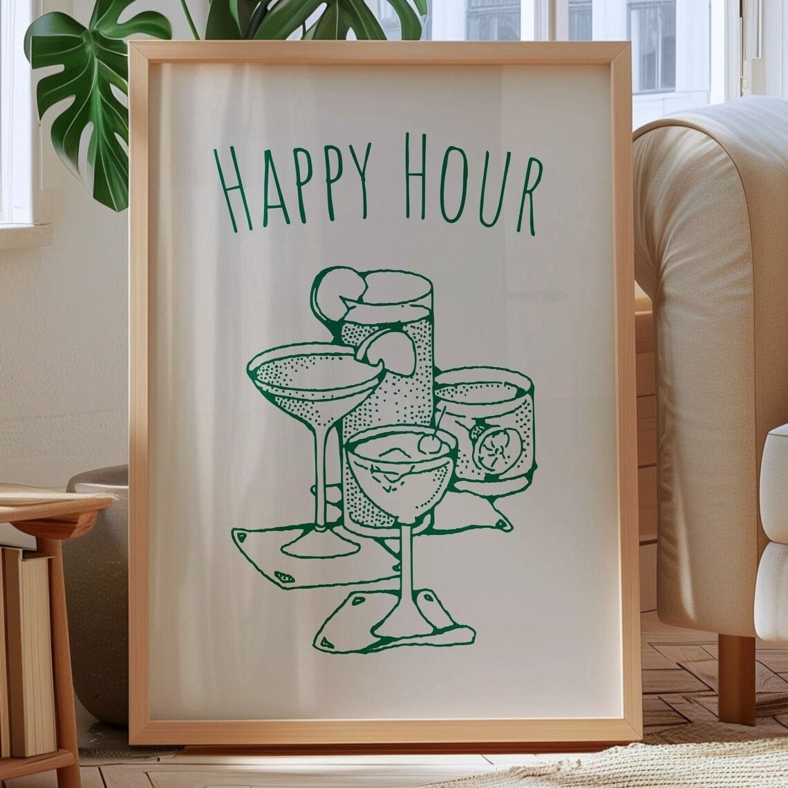 Happy Hour Trendy Green Cocktail Line Drawing Bar Cart Print - Image 2