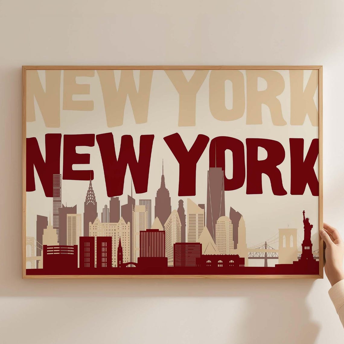 Retro New York City Skyline Maroon Red Typography Wall Poster