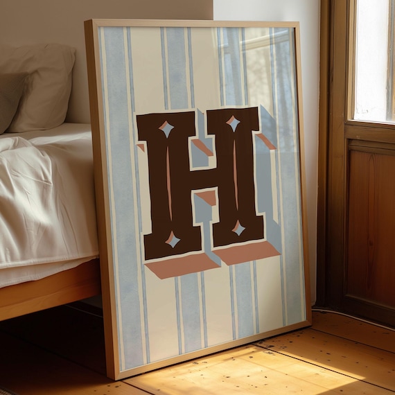 Vintage Letter H Monogram Wall Art Retro Initial Decor for Nursery