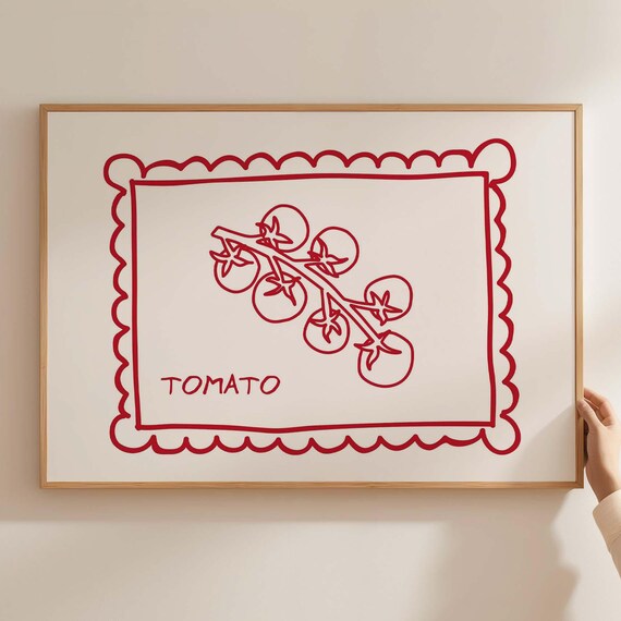 Red Tomato Vine Line Drawing Scalloped Frame Minimalist Kitchen Poster