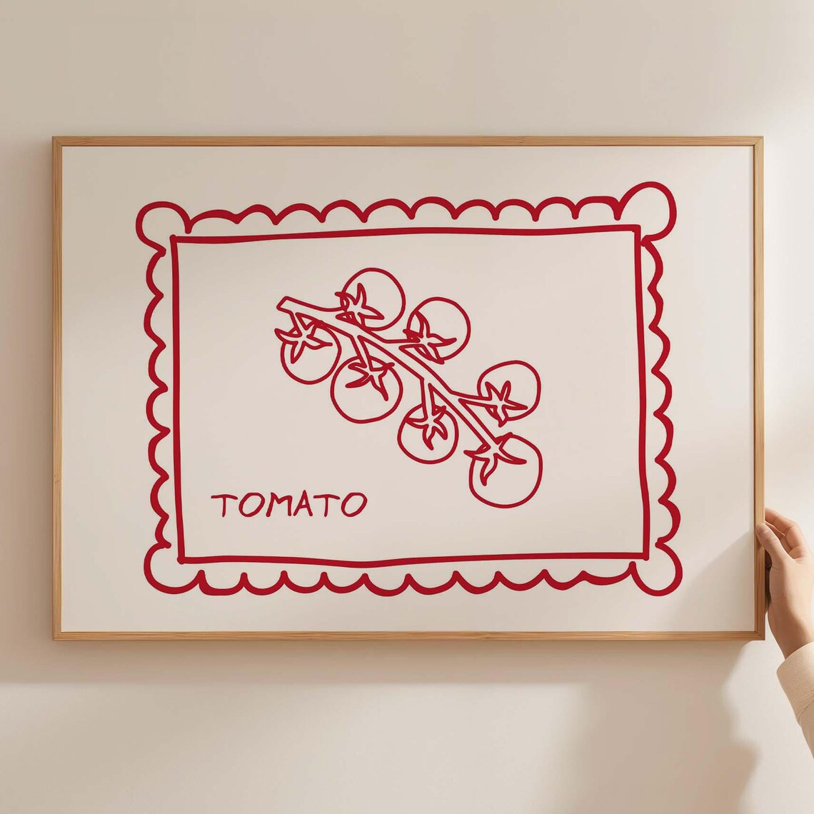 Red Tomato Vine Line Drawing Scalloped Frame Minimalist Kitchen Poster