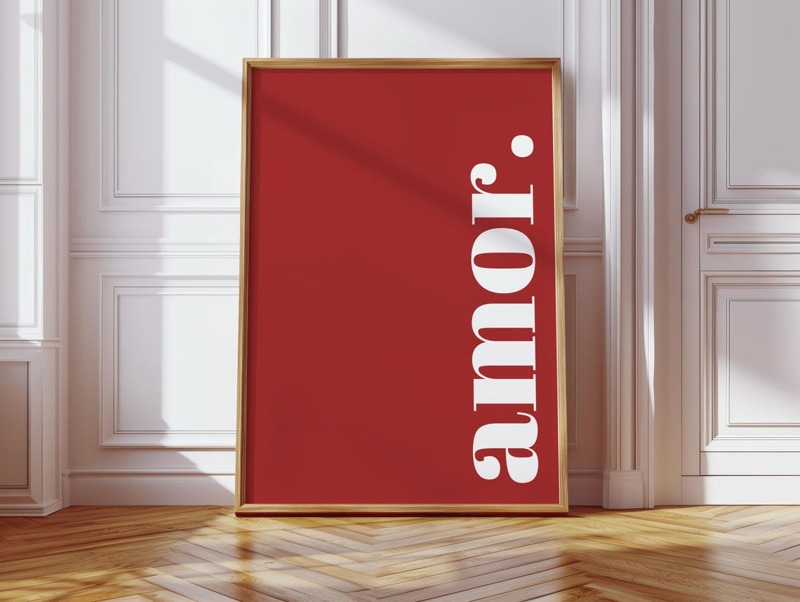 Amor Minimalist Red Poster with White Vertical Typography Decor - Image 2