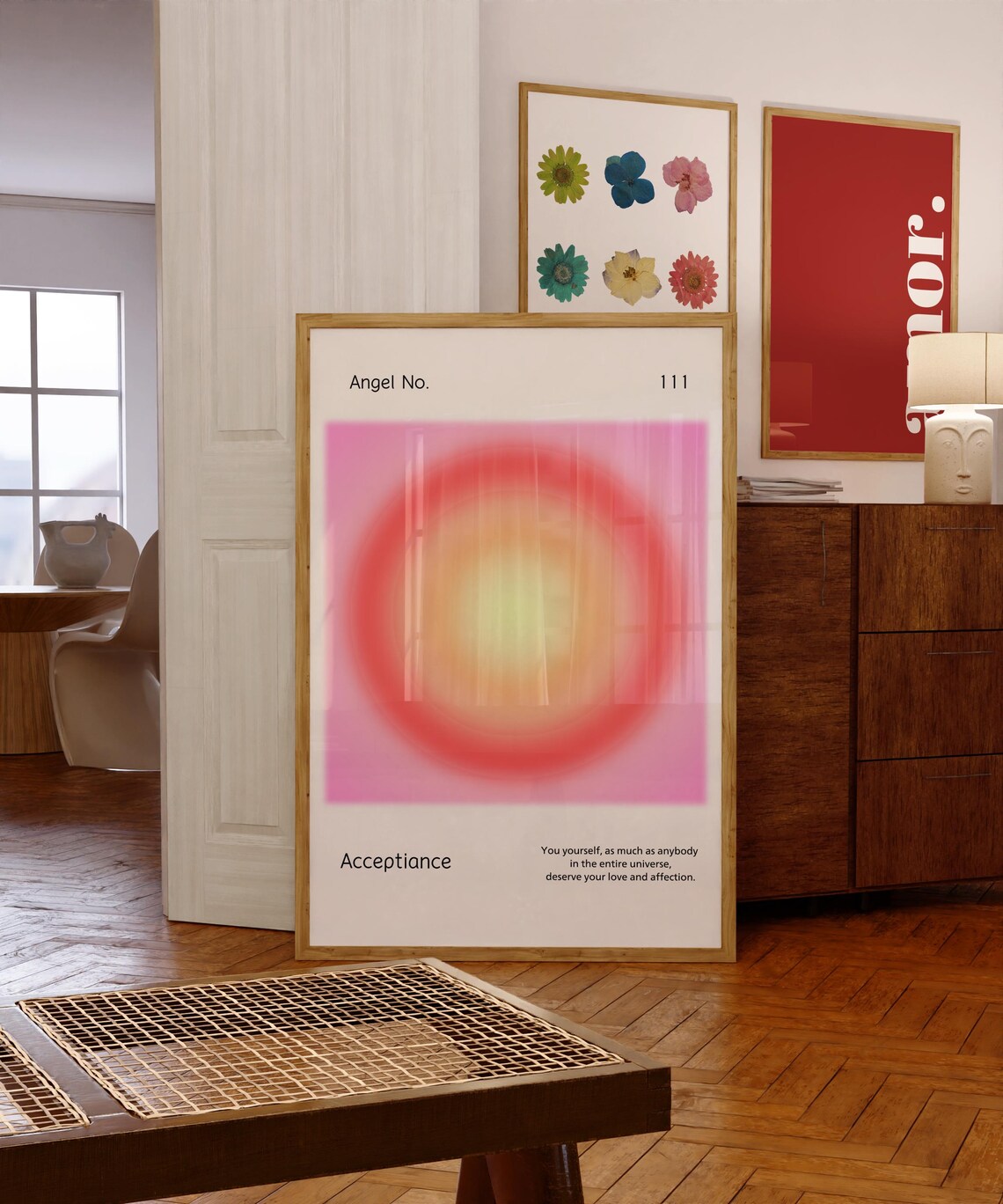 Angel Number 111 Aura Poster Pink Yellow Spiritual Affirmation Art - Image 2