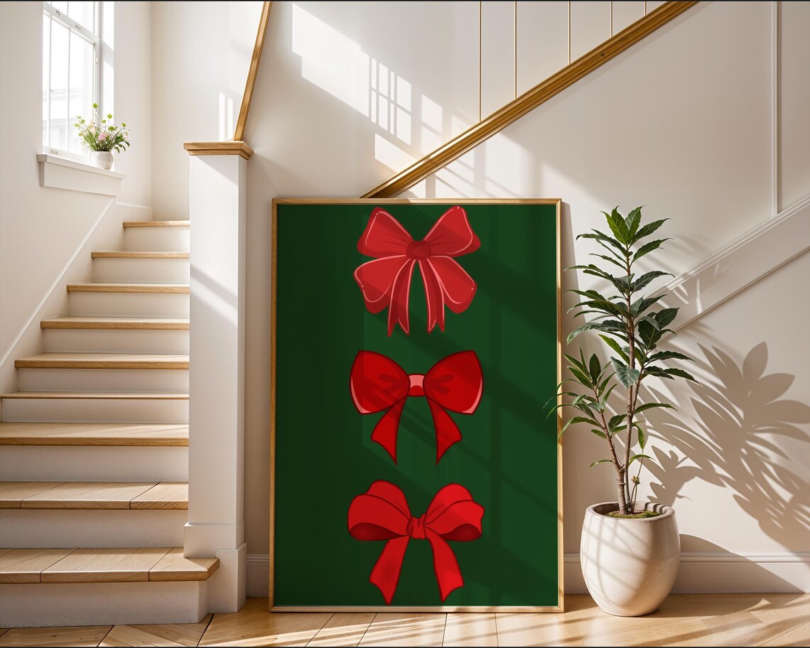 Red Christmas Bows Poster on Green Minimalist Holiday Decor Art