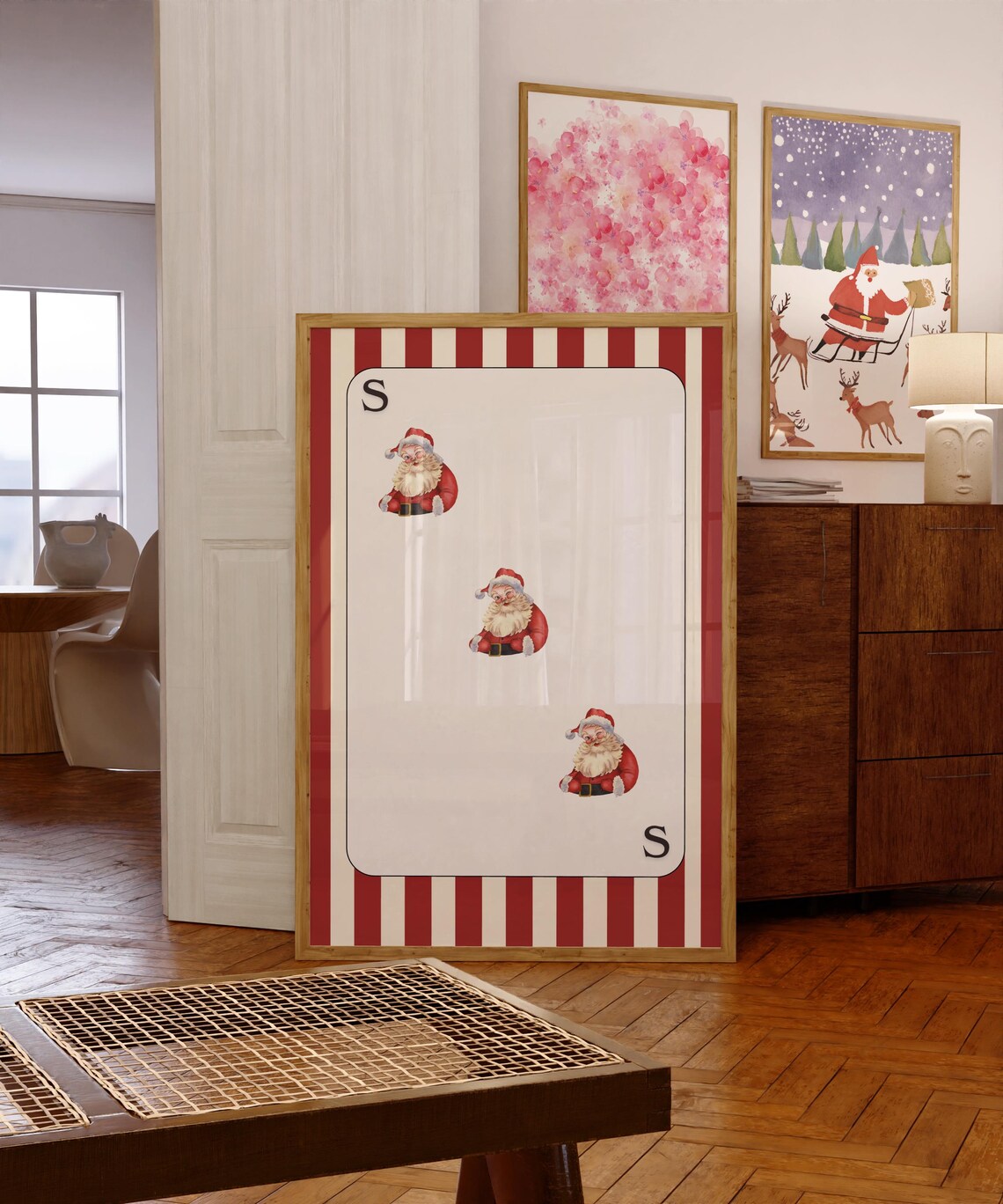 Santa Claus Playing Card Poster Christmas Holiday Red Stripe Art - Image 2