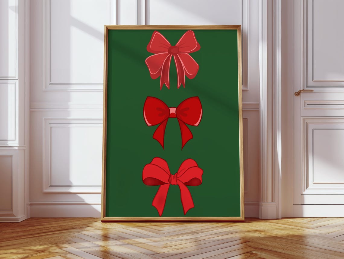 Red Christmas Bows Poster on Green Minimalist Holiday Decor Art - Image 3