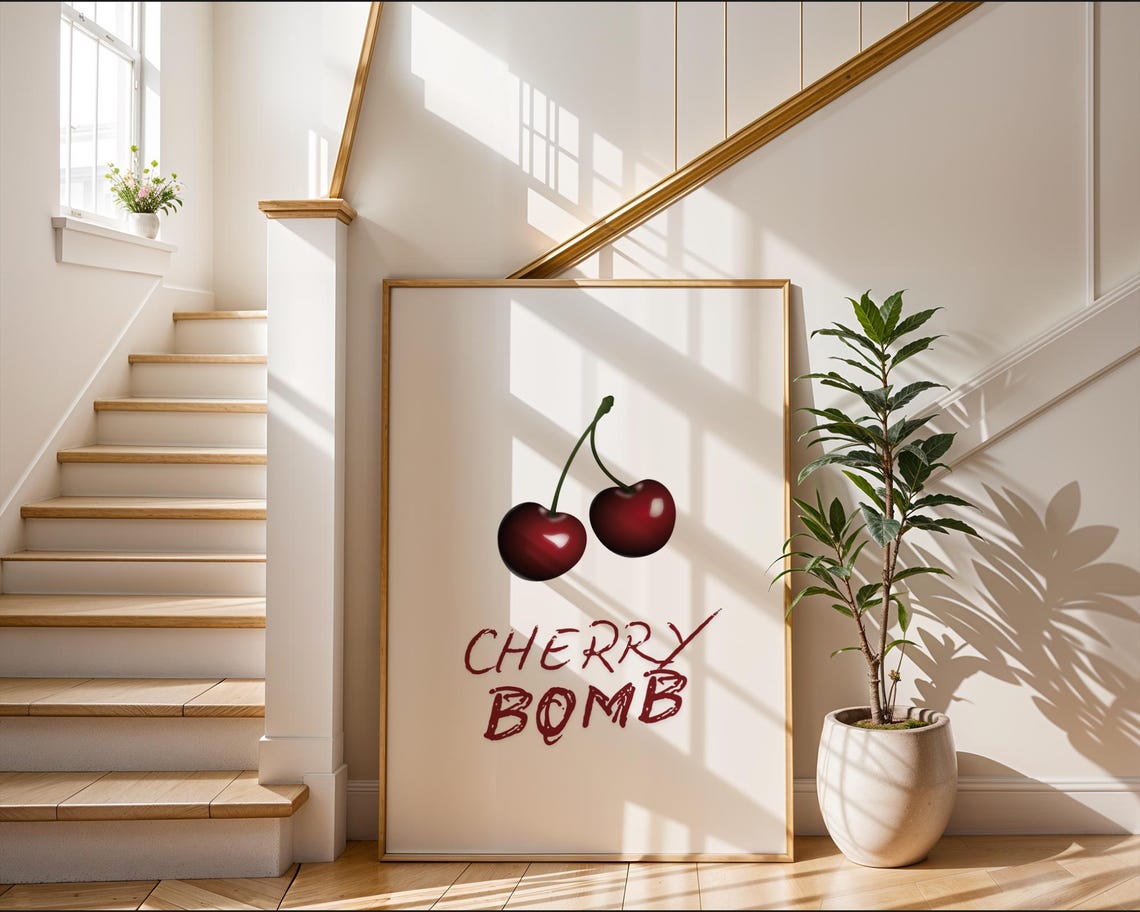 Cherry Bomb Red Cherries Poster Minimalist Preppy Fruit Decor - Image 2