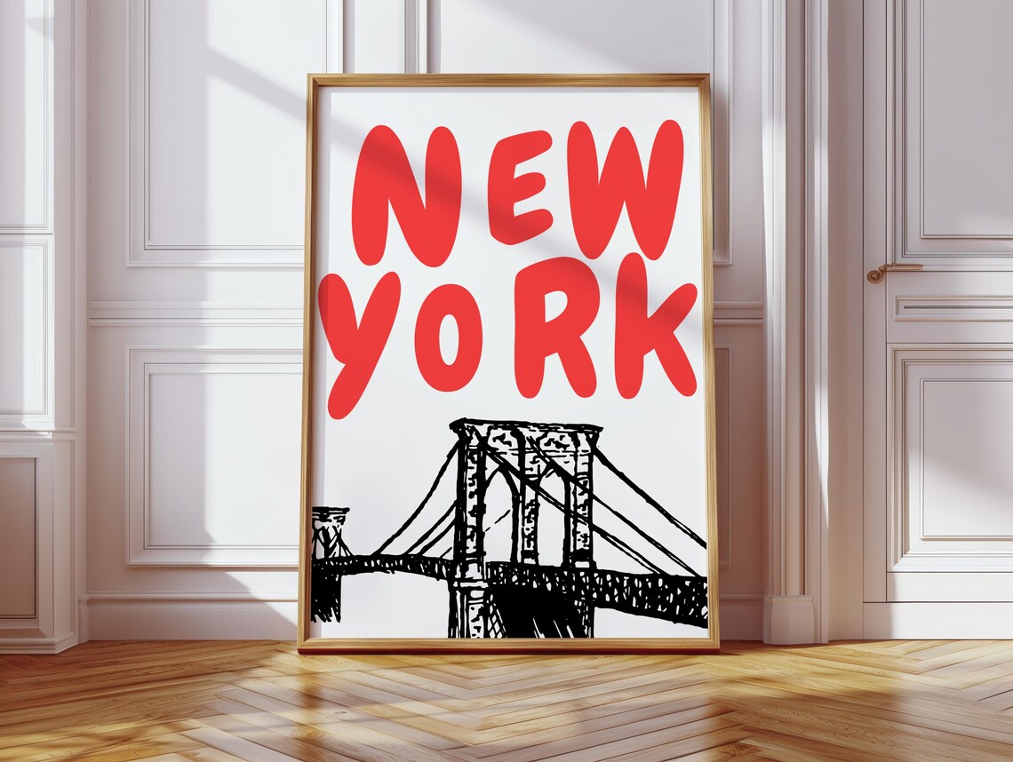 New York Red Bold Lettering Brooklyn Bridge Sketch City Poster