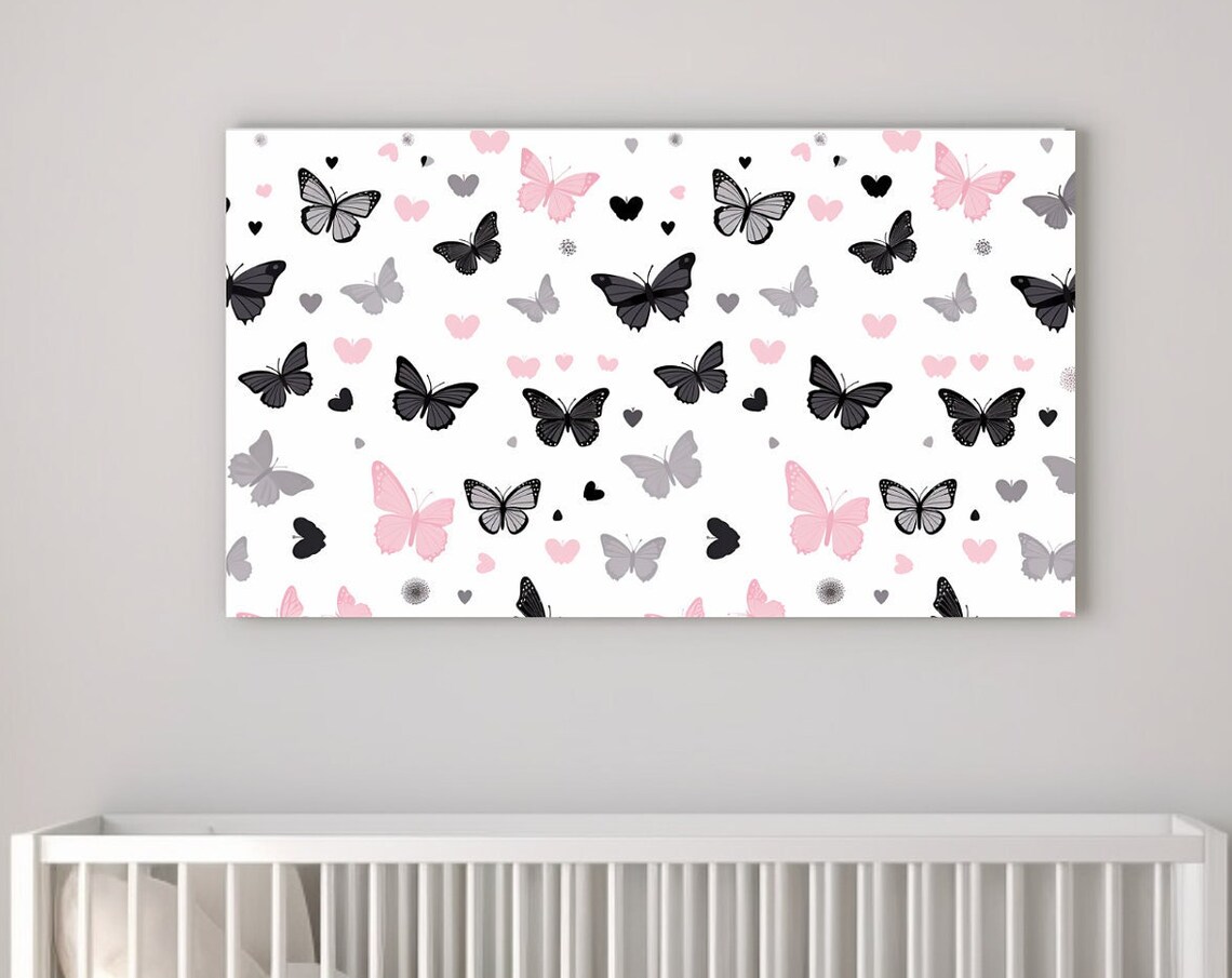 Pink Black Grey Butterflies Hearts Girls Nursery Room Art Poster