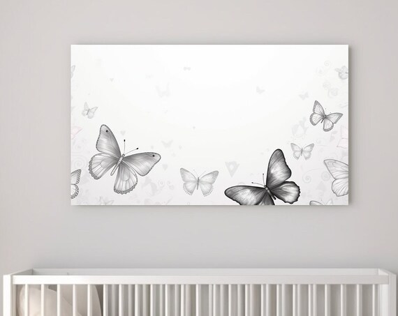 White Grey Butterflies Delicate Minimal Nursery Room Art Poster
