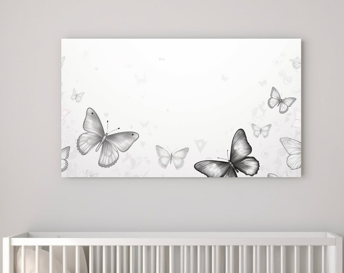 White Grey Butterflies Delicate Minimal Nursery Room Art Poster