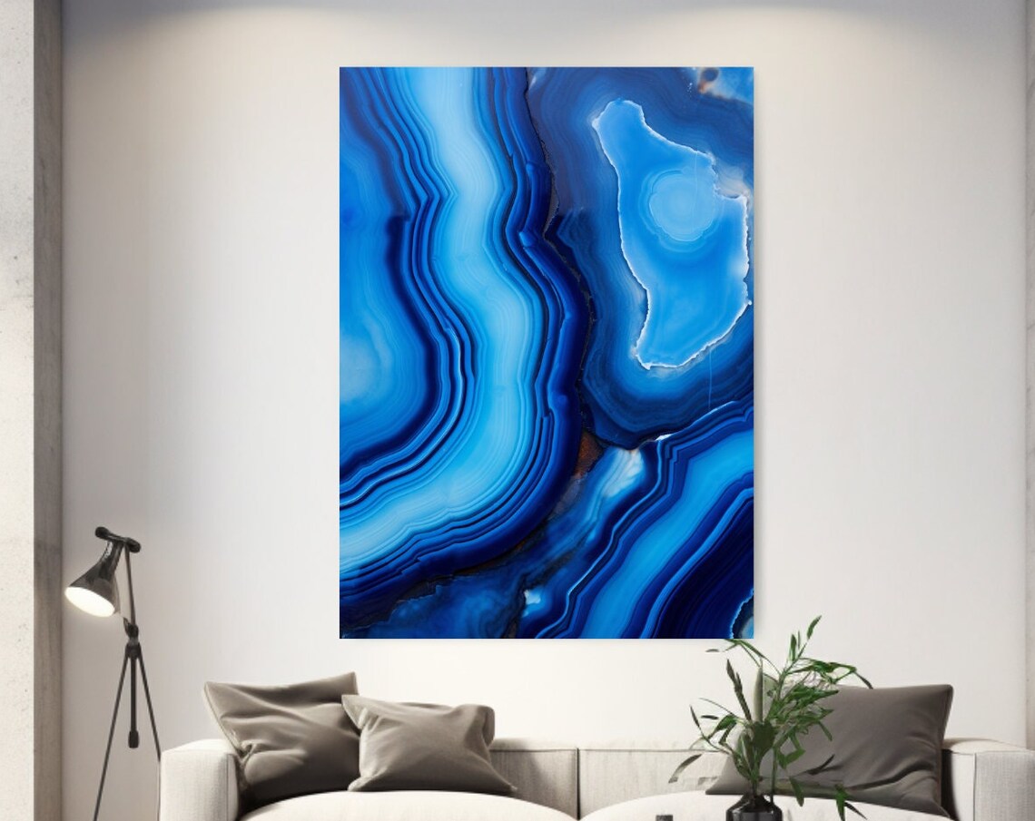 Vivid Blue Agate Crystal Bands Glowing Gemstone Abstract Modern Wall Art Print