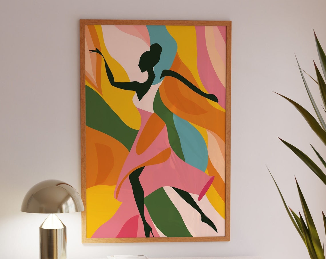 Dancer Silhouette Flowing Dress Vibrant Abstract Dance Wall Art