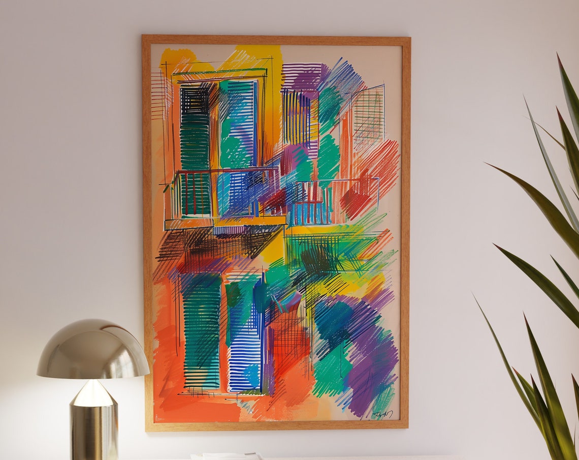 Expressive Colorful City Facade Sketch Urban Abstract Wall Art