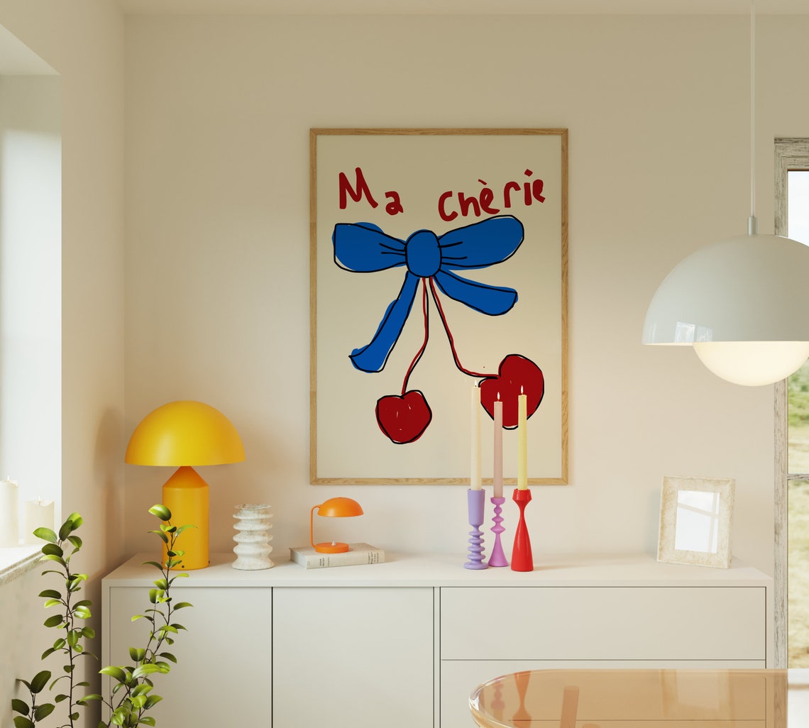 Ma Cherie Blue Bow Heart Cherry Whimsical Coquette Girly Decor Poster - Image 3