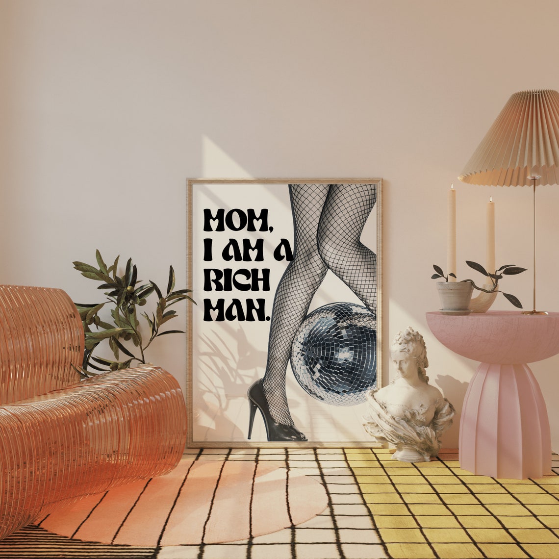 Mom I Am a Rich Man Disco Ball Feminist Retro Typography Poster - Image 3