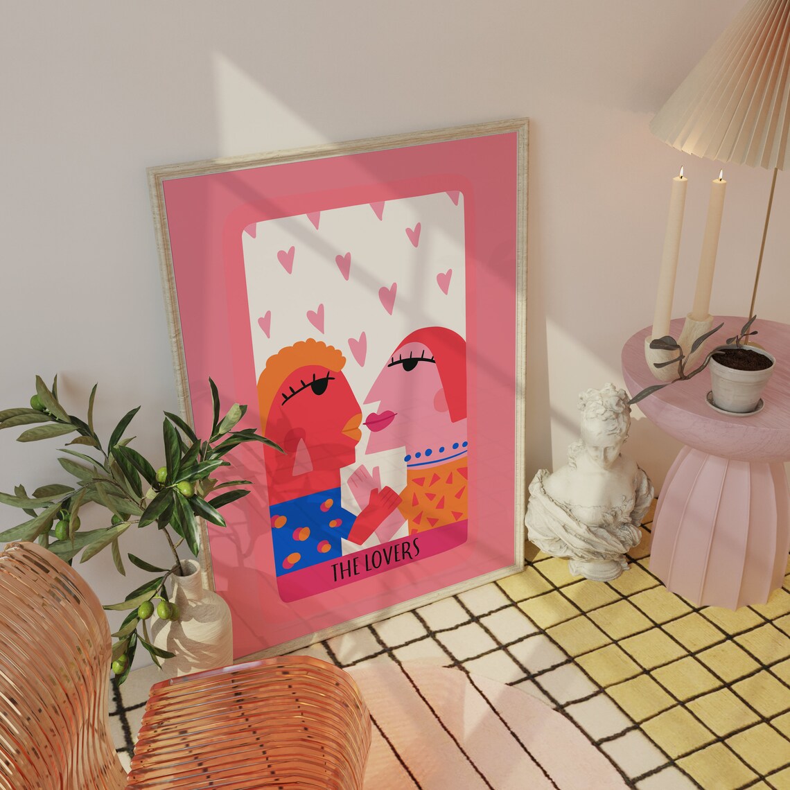 The Lovers Tarot Style Couple Illustration Poster in Bright Pop Art Colors - Image 3