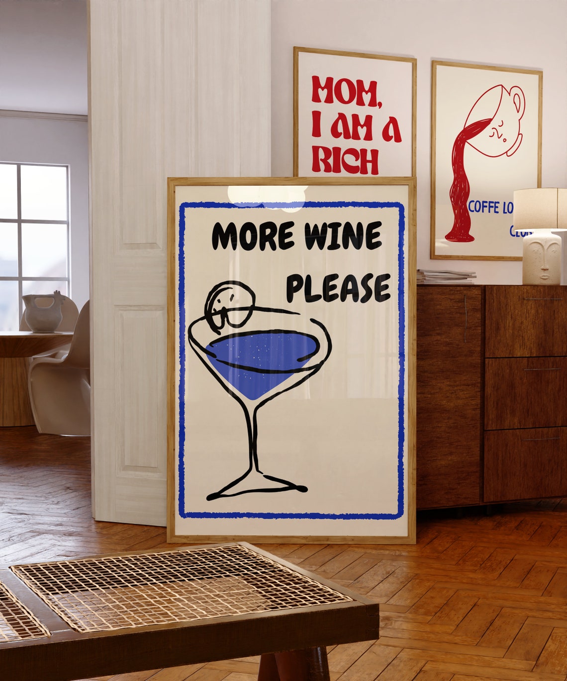 More Wine Please Poster Funny Wine Print Fun Kitchen Art Aesthetic Wall Art Pinterest Style Cocktail Print Blue Minimalist Art