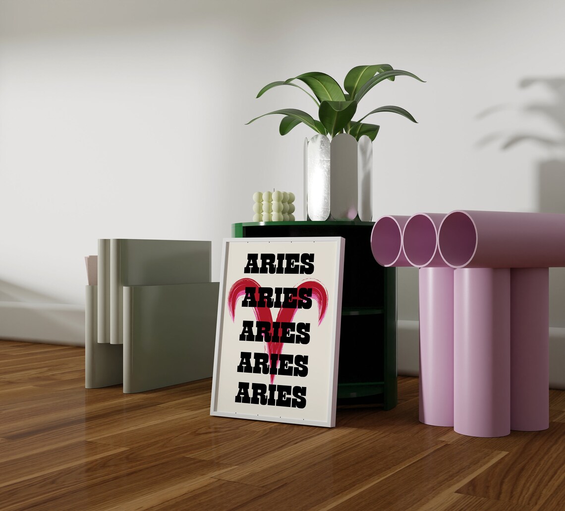 Aries Retro Western Typography Red Zodiac Star Sign Birthday Wall Poster - Image 4