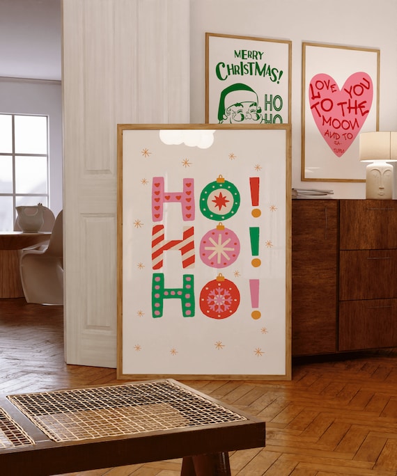Ho Ho Ho Christmas Ornament Lettering Poster for Festive Holiday Wall Decor