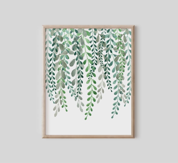 Botanical Cascading Ivy Plant Poster Leaf Print Trailing Vine Watercolor Painting Monochrome Emerald Green Abstract Design