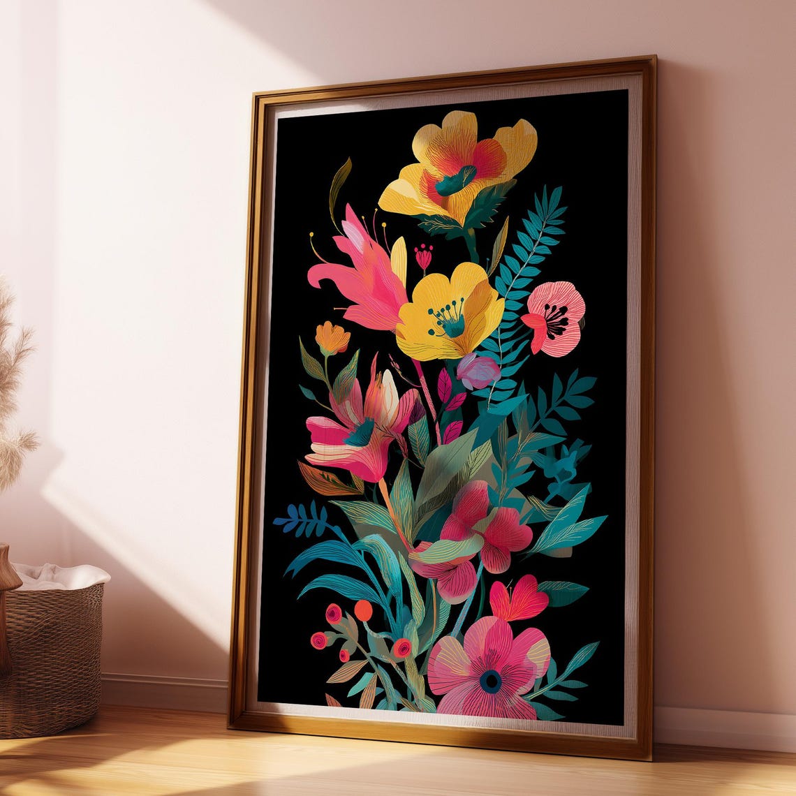 Vibrant Floral Bouquet Art Poster on Black Botanical Wall Decor