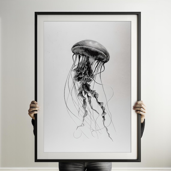 The Jellyfish Line Art Print Instant Wall Ink Animal Black And White