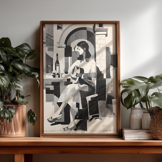 Play That Song Guitar Player Cubist Monochrome Musical Art Poster